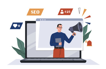 A man holding a megaphone emerges from a laptop screen, surrounded by SEO, notification, and follower icons. Vector illustration on a white background