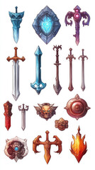 Collection of fantasy swords and shields designed for a mythical battle setting with various styles and colors