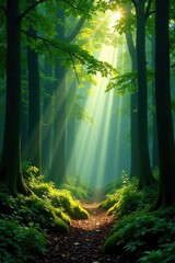 Dense forest with sunlight filtering through, canopy, trees
