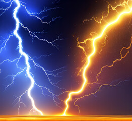 Versus banner. Lightning strikes. Confrontation template, vs battle or fight concept. Red and blue colors. Flash light thunderbolt spark. Realistic transparent neon light.generative ai