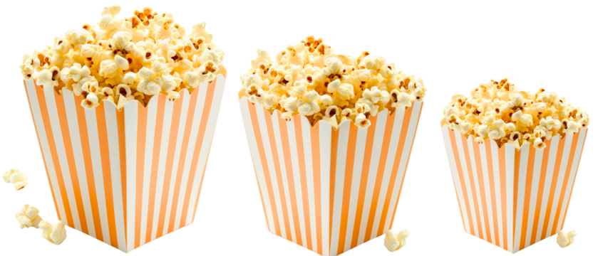 set of yellow striped, 3 diffrent sizes boxes with popcorn isolated over transparent (white) background - Powered by Adobe