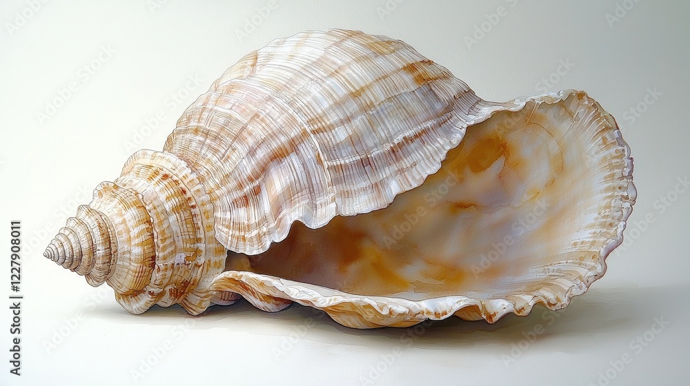 Poster a detailed view of a large, spiraled seashell showcasing its intricate patterns.