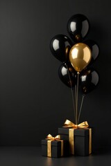 Elegant Black and Gold Balloons with Luxury Gift Boxes on Dark Background