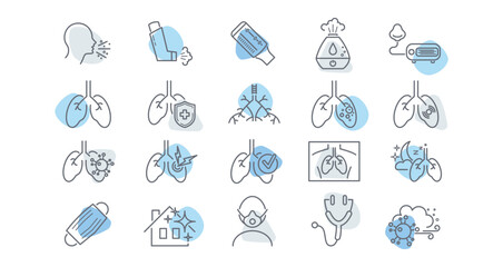 Asthma line icons set. Respiratory diseases, lungs, bronchi, spirometer, inhaler, allergens, x-ray, chest cavity, nibulizer, asthma attack vector
