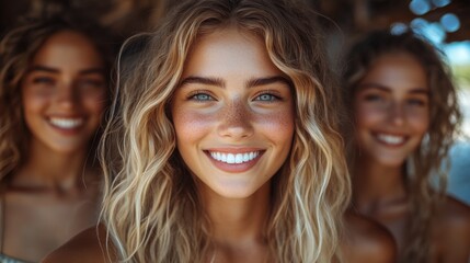 Sisters Enjoying a Sunny Day at the Beach With Radiant Smiles and Carefree Laughter in a Relaxed Coastal Atmosphere Captured During the Summer Season. Generative AI