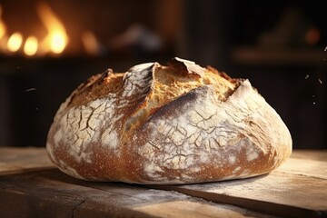 Freshly Baked Sourdough Bread with Crispy Crust on Wooden Shelf. Appetizing Closeup of Bakery Goods for Consumers and Bakeries Alike