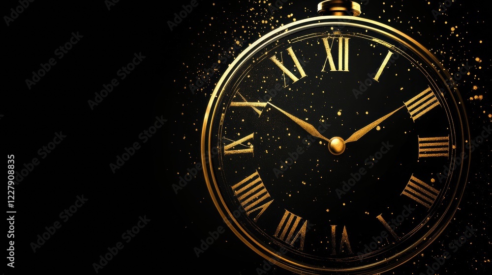 Poster Elegant vintage clock with gold accents and glowing particles on a black background at midnight. Generative AI