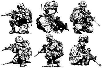 soldiers with rifles in tactical positions black engraving vector set
