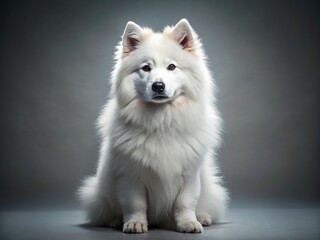 Fluffy Samoyed Dog Posing on Gray Studio Background - Pet Photography