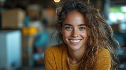 Smiling Woman With Curly Hair in Cozy Indoor Setting During Daytime Enjoying a Moment of Happiness and Warmth. Generative AI