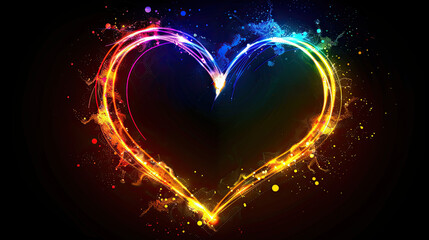 multicolor neon heart shape logo with text space on black background, lights,bokeh, love, celebration, happy valentines day , pride , lgbtq diversity love affairs