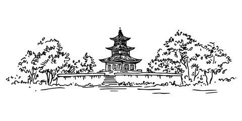 Fototapeta premium chinese asian pagoda with trees in tranquil landscape doodle style colorless vector 