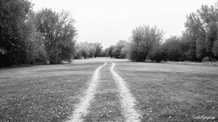 Black and white photo of a path diverging through a grassy field, surrounded by trees.