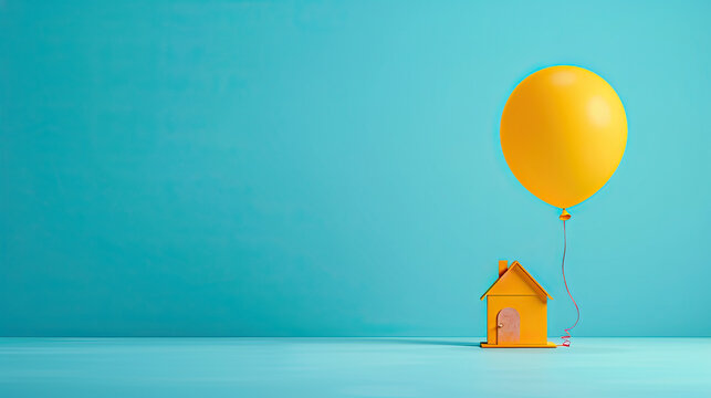 small home modal with balloons on top of ceiling, Mortgage loading and property document concept for real estate ,  Saving money for buy a new house or loan for plan business investment of real estate