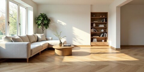 Fototapeta premium Sunlight streams into a minimalist living room featuring a light beige sectional sofa, a low wooden coffee table, and a light wood bookcase