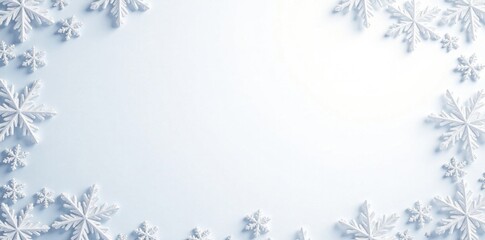 Fototapeta premium Delicate snowflake border on white background, winter wonderland, snowflakes
