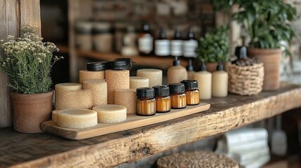 Fototapeta premium Natural Skincare Products Displayed Beautifully on Wooden Shelves in a Cozy Shop Environment During Daylight. Generative AI
