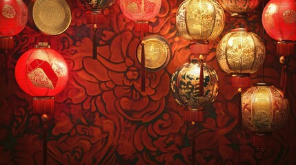 A vibrant Chinese New Year backdrop featuring gold coins, a red envelope, and glowing lanterns with intricate patterns.