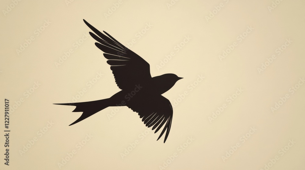 Poster silhouette of a bird flying against a soft, neutral background during a tranquil time of day. genera