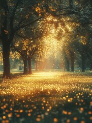 Golden light through trees in park at sunrise with magical bokeh