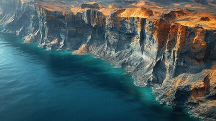 Dramatic coastal cliffs meet turquoise water, desert landscape