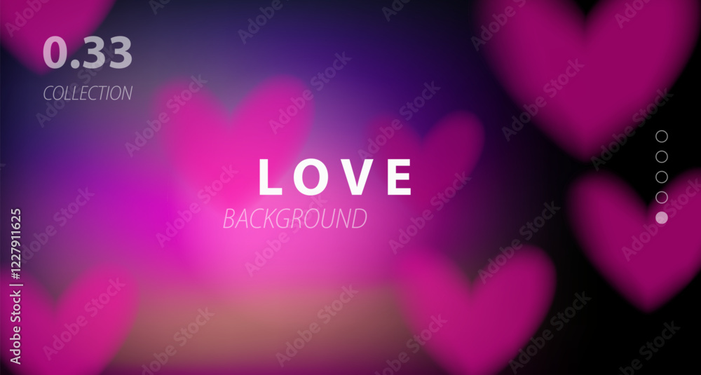 Poster abstract aura background with neon pink and violet hearts on a defocused backdrop.