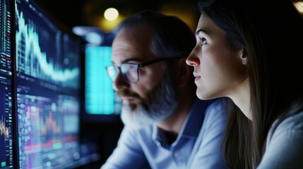 Data Analysis Team: Professionals Scrutinizing Financial Charts on Computer Screens at Night