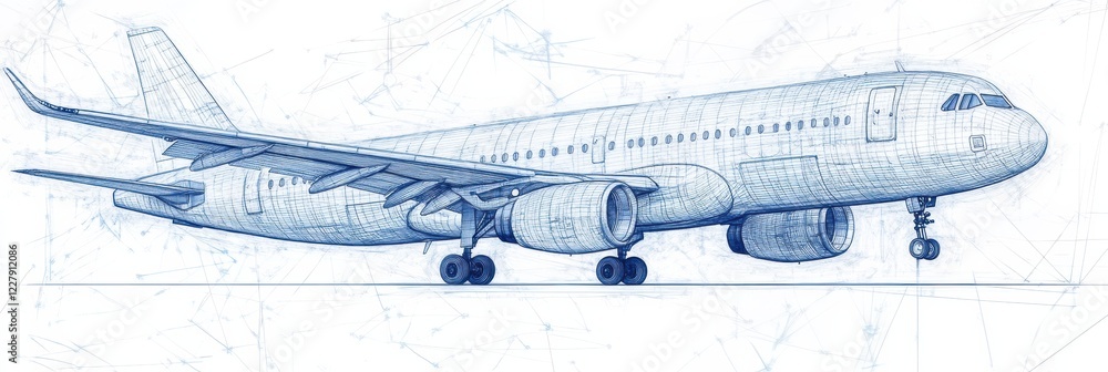 Poster detailed technical blueprints illustrating an airplane design with precise schematics and measuremen