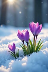 Naklejka premium Snow-covered ground with emerging purple flowers, floral photography, snowfall, botanical