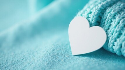 Fototapeta premium A soft white heart rests gently on a teal knitted textile, a serene and peaceful image conveying tenderness and warmth.