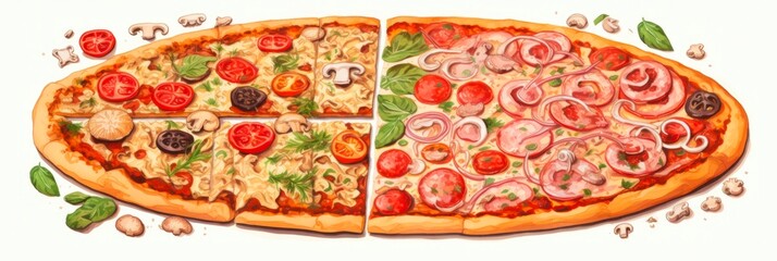 Hand Drawn Pizza Illustration with Organic Italian Ingredients. Perfect for Vintage Eatery Menu, Poster or Labels for Lunch and Dinner