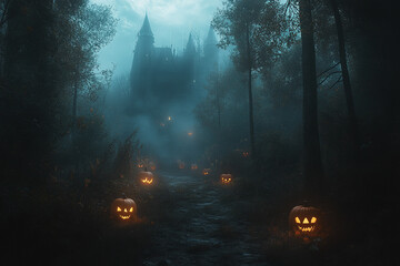 Mysterious Haunted House on a Foggy Halloween Night with Glowing Jack-o’-Lanterns, Flying Bats, and an Eerie Gothic Atmosphere