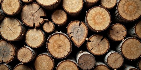 A captivating close-up view of a stack of numerous circular wood logs, exhibiting a variety of natural grain patterns and textures, showcasing the beauty of raw timber