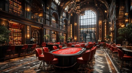Plakat Luxurious casino interior, grand hall, game tables, city view