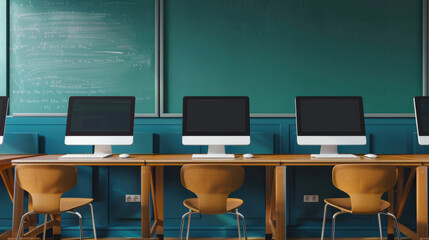 A classroom with a green chalkboard and four computer monitors.