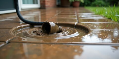 Obraz premium Rainwater Drainage System Detail A Close-Up View of a Pipe Discharging Water into a Wet, Circular Basin on a Patio