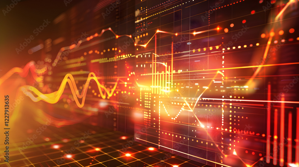 Poster abstract representation of financial data with glowing graphs and charts.