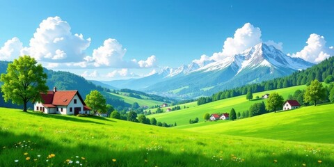 Fototapeta premium Serene Meadow Home Amidst Majestic Mountain Panorama with Lush Green Hills and Vibrant Spring Flowers