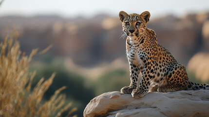 Arabian leopard sits atop a rock gazing into the distance