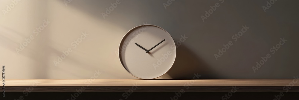 Poster minimalist clock on wooden shelf reflecting soft afternoon light in a serene indoor setting. generat