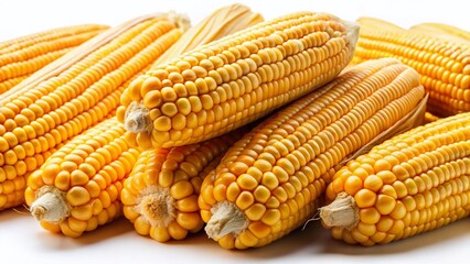 Freshly Harvested Golden Corn, Ripe Maize Kernels Isolated on White