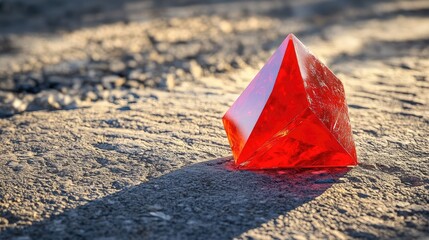 Red Transparent Pyramid Crystal Resting on Textured Rugged Surface