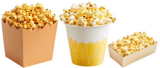 different shape of popcorn boxes filled to the top isolated over transparent (white) background