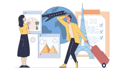 Illustration showing a man with luggage and a woman observing travel images, set against a globe, Eiffel Tower, and checklist background. Concept of travel planning. Vector illustration