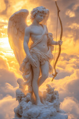 Photo d’une statue de Cupidon avec arc et flèche dorés, avec un ciel nuageux au coucher du soleil