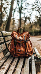 Obraz premium Brown leather backpack rests on a wooden park bench surrounded by trees in autumn