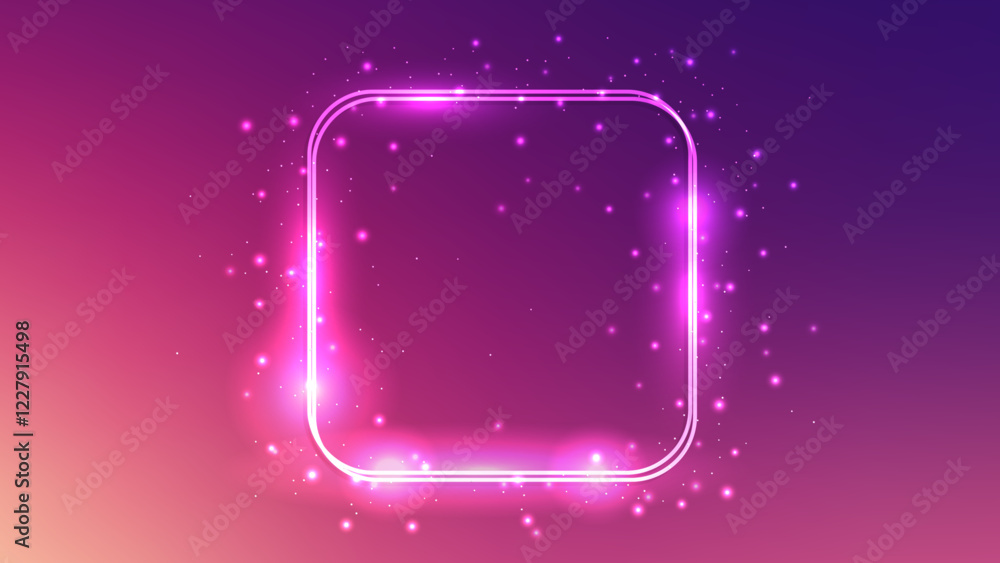 Poster neon double rounded square frame with shining effects and sparkles