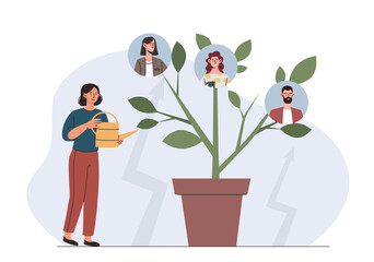 Woman watering a potted plant with faces on branches, symbolizing growth, teamwork, and development on a white background. Vector illustration