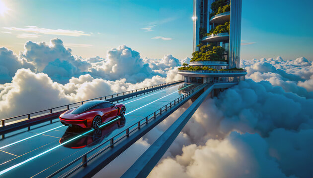 Futuristic red sports car drives on a high-tech elevated road above the clouds towards a modern, sky-high building.