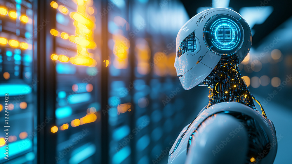 Poster futuristic robot observing data center filled with glowing servers, showcasing advanced technology a